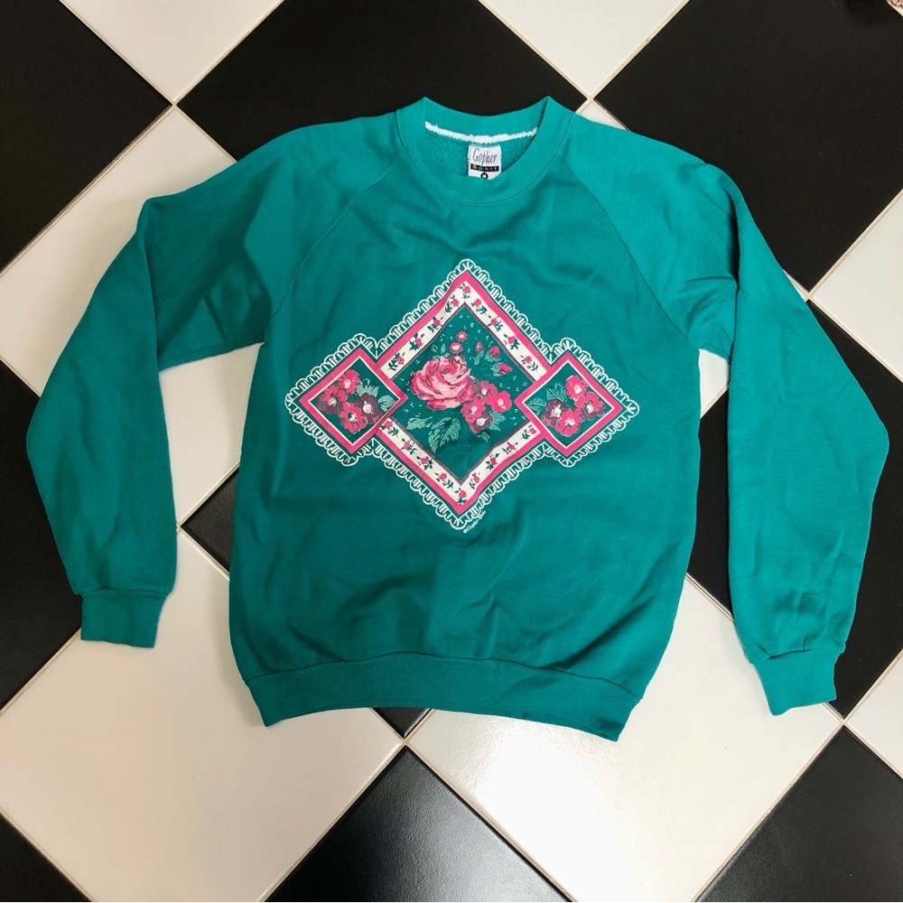 Vintage 90s Gopher Sport Granny Sweatshirt Cottagecore Diamond Roses Teal Green